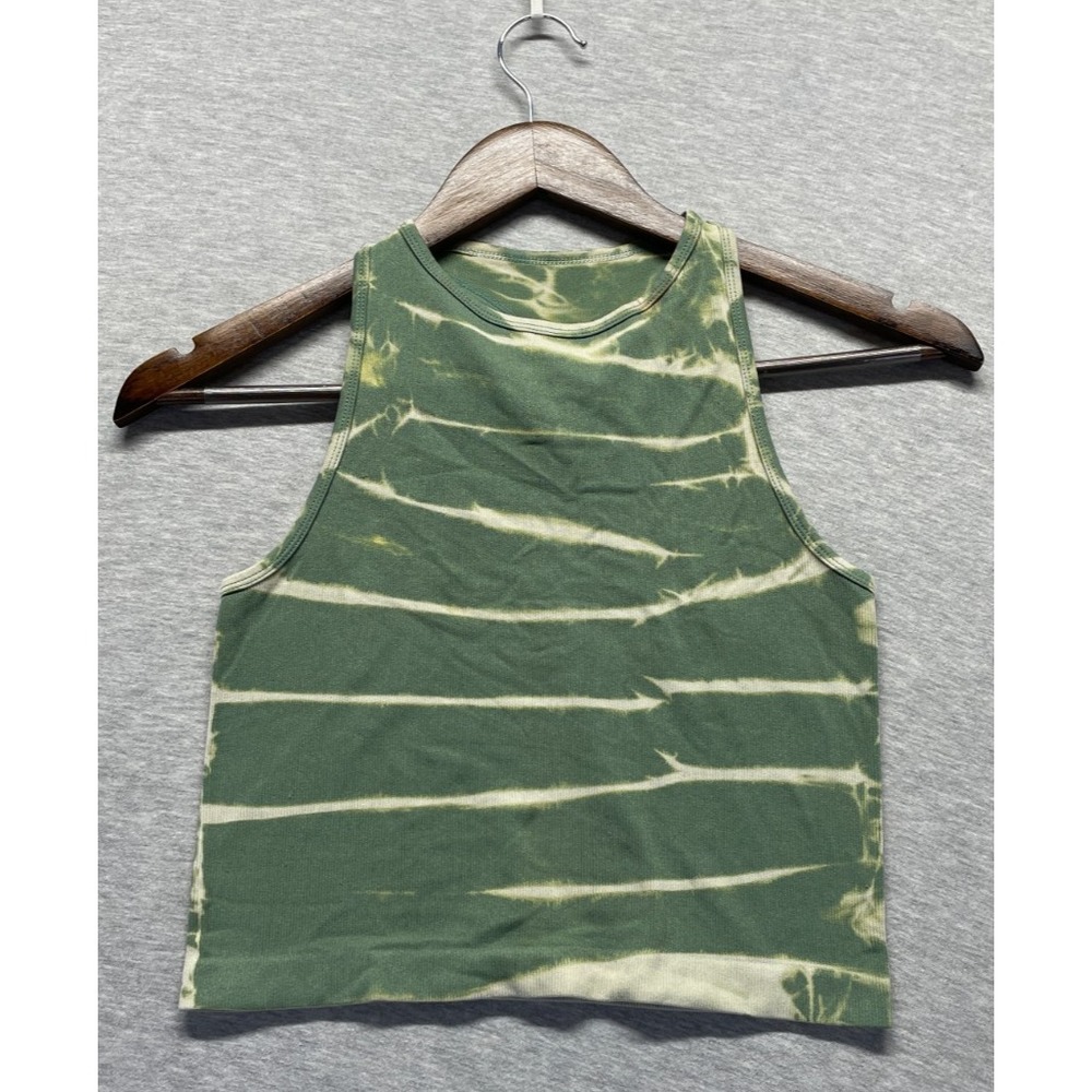 Aura Cropped Tank Top Women Small Olive Green Tie Dye Ribbed Stretch Crew Neck